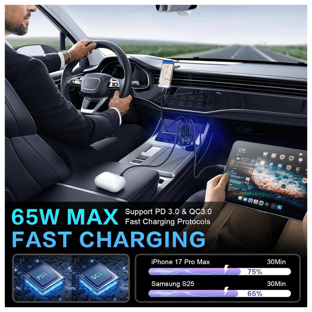 RASE Tire and Auto LLC  USB C Car Charger, 65W 4-Port Car Charger Adapter with Voltmeter