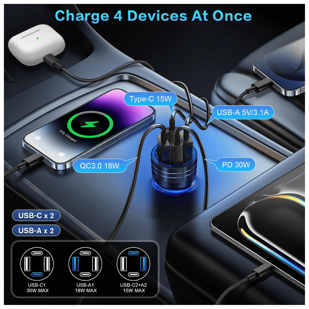 RASE Tire and Auto LLC  USB C Car Charger, 65W 4-Port Car Charger Adapter with Voltmeter