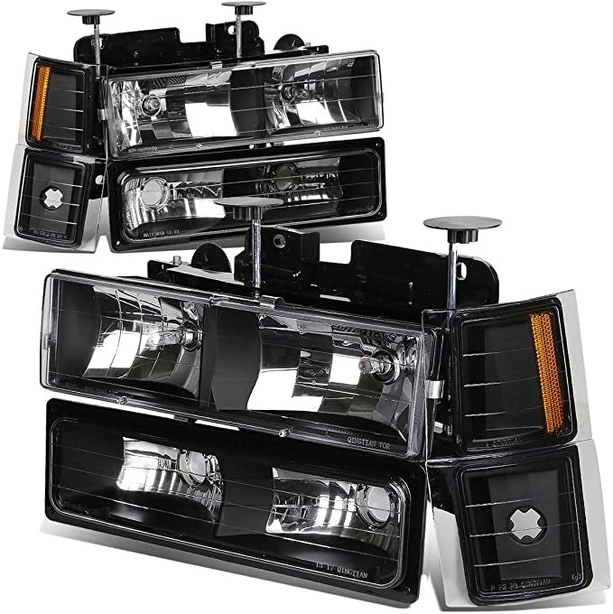 BLACK/AMBER CORNER BUMPER HEADLIGHTS SET FOR 94-00 CHEVY C10 C/K 1500/2500/3500