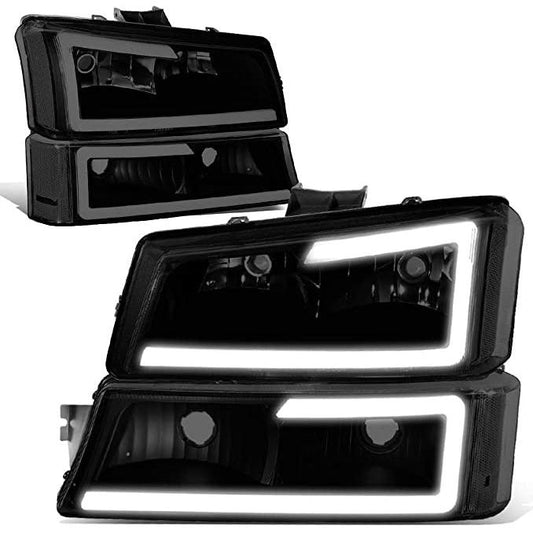 For 03-06 Silverado Avalanche Smoked/Clear LED DRL Tube Headlights w/Bumper Lamp