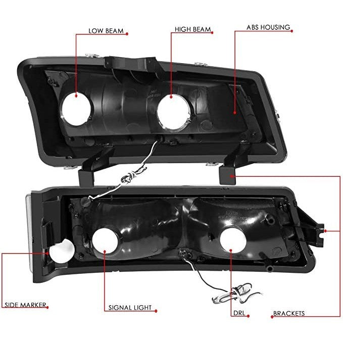 For 03-06 Silverado Avalanche Smoked/Clear LED DRL Tube Headlights w/Bumper Lamp