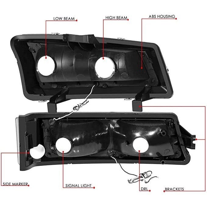 RASE Tire and Auto LLC For 03-06 Silverado Avalanche Smoked/Clear LED DRL Tube Headlights w/Bumper Lamp