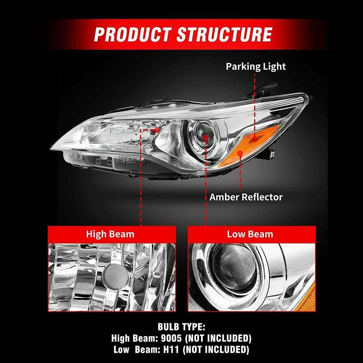 RASE Tire and Auto LLC Headlights 2015-2017 Toyota Camry Chrome Headlights Clear OR Black Projector lamps Pair