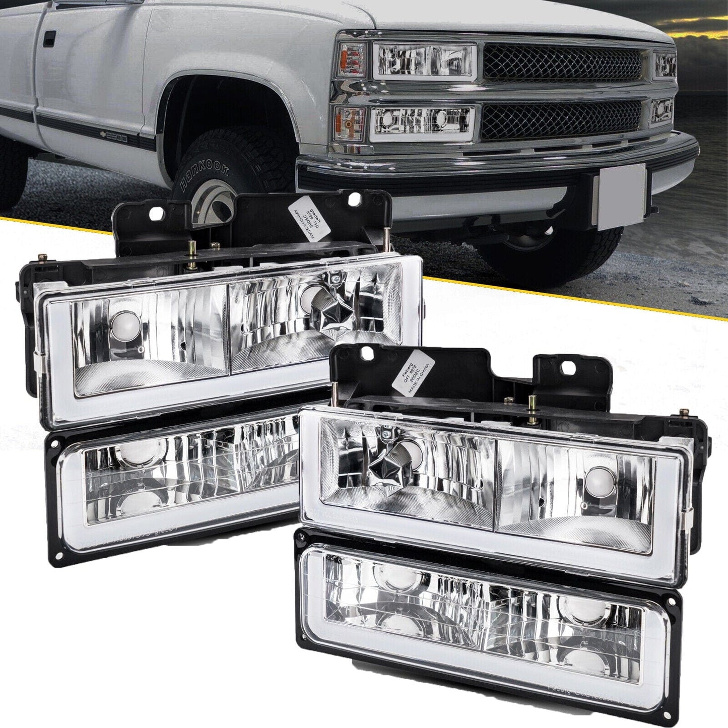 RASE Tire and Auto LLC Headlights Lamp+LED Tube Bar For 88-98 Chevy GMC C10 C/K Silverado Sierra Chrome + side amber turn signal lights