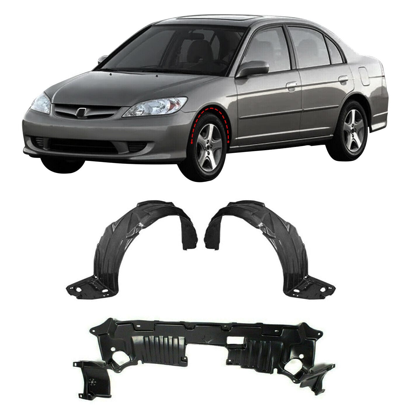 RASE Tire and Auto LLC Set of 3 Front Primed Plastic Splash Shield Under Cover Kit For Civic 04-05