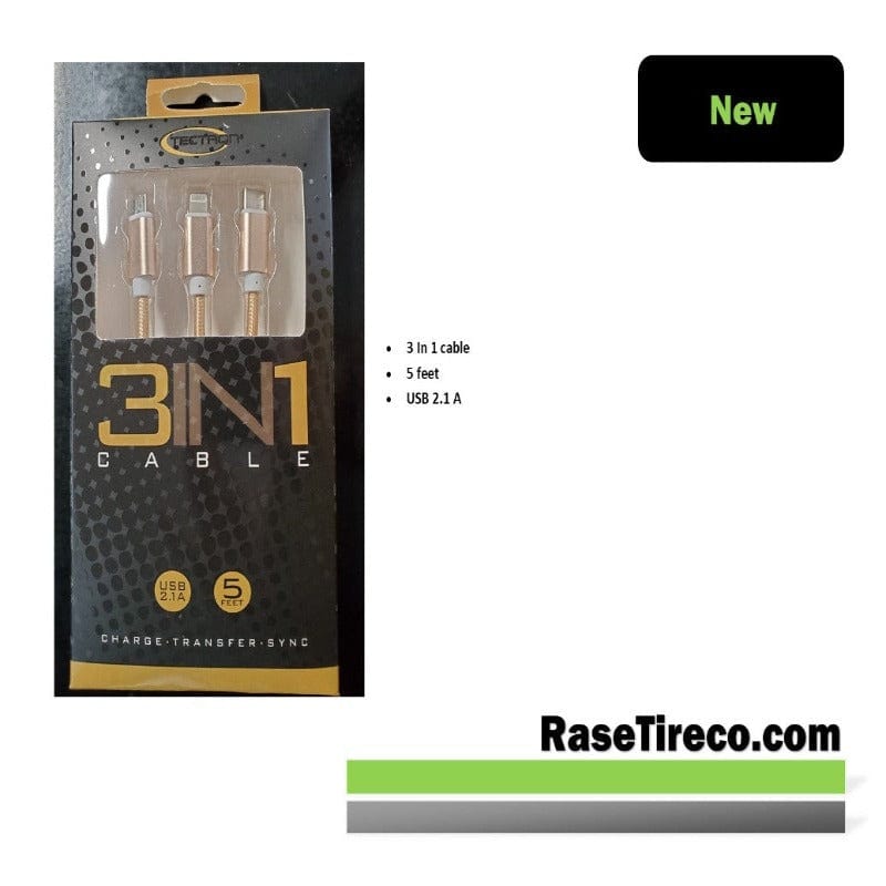 RASE Tire and Auto LLC System & Power Cables Gold 3 in 1 Charging Cable | 5FT |Nylon Braided | Available in 3 Colors