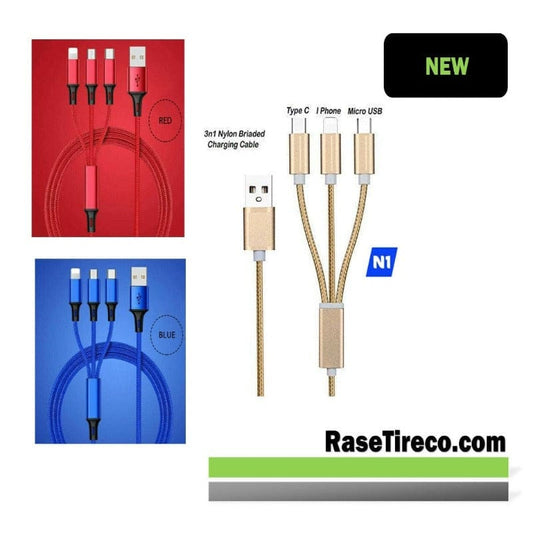 RASE Tire and Auto LLC System & Power Cables Red 3 in 1 Charging Cable | 5FT |Nylon Braided | Available in 3 Colors