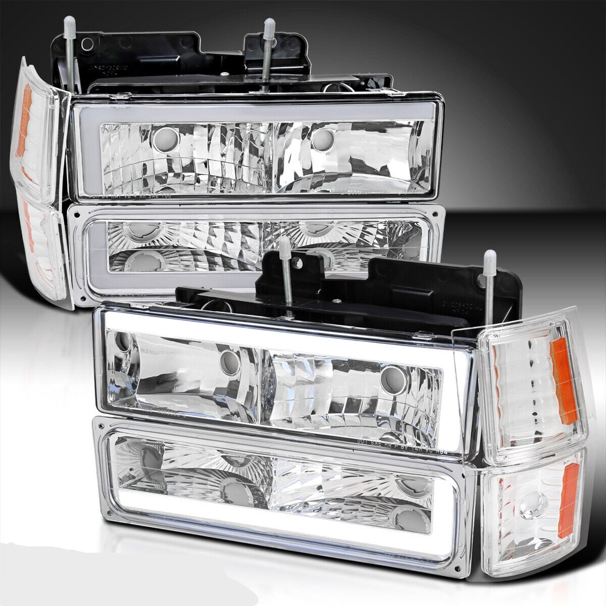 Headlights Lamp+LED Tube Bar For 88-98 Chevy GMC C10 C/K Silverado Sierra Chrome + side amber turn signal lights