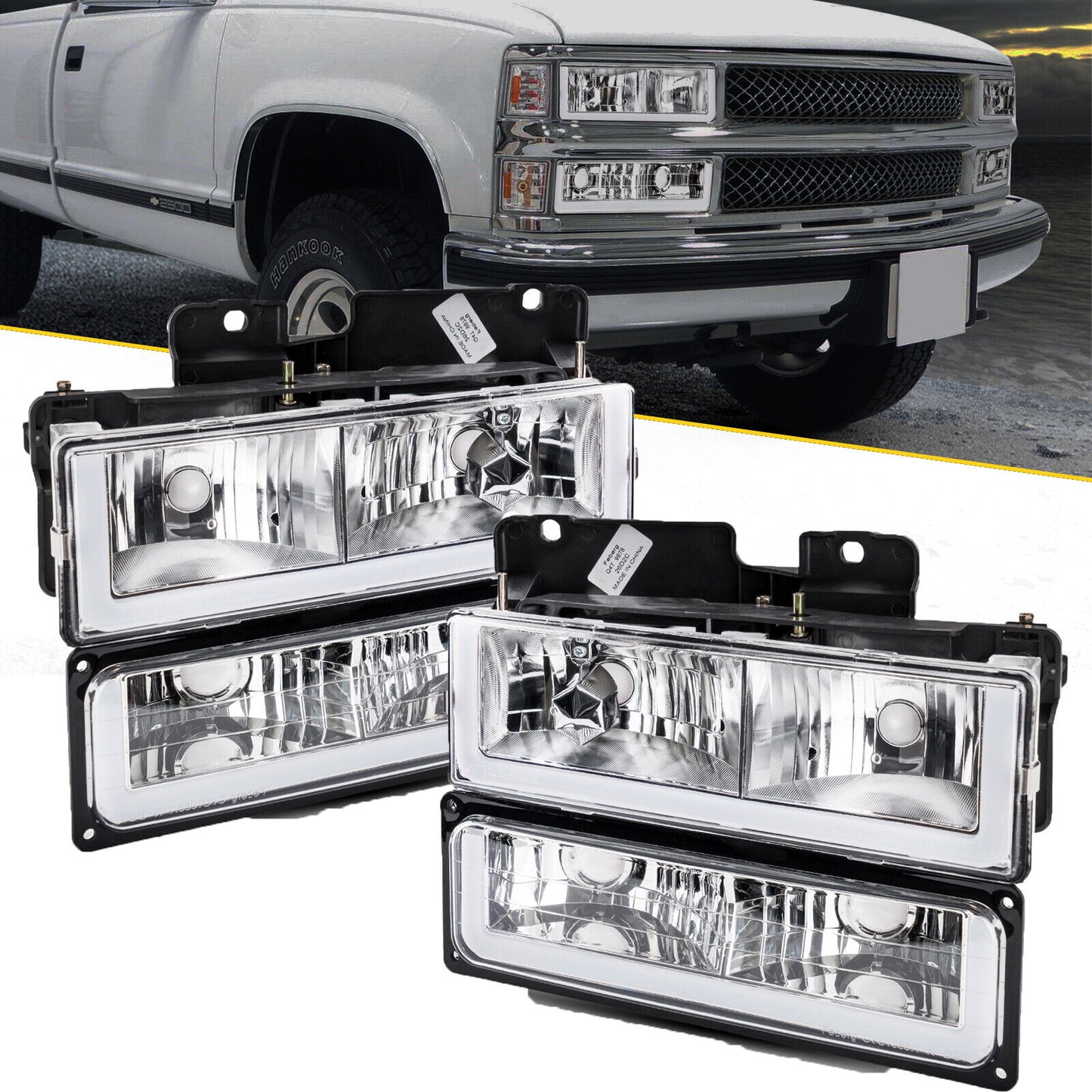 Headlights Lamp+LED Tube Bar For 88-98 Chevy GMC C10 C/K Silverado Sierra Chrome + side amber turn signal lights