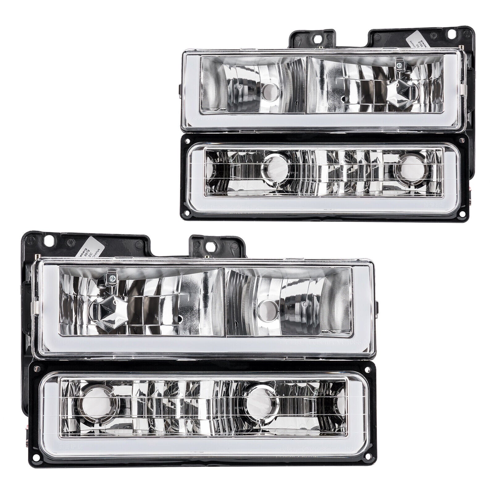 Headlights Lamp+LED Tube Bar For 88-98 Chevy GMC C10 C/K Silverado Sierra Chrome + side amber turn signal lights